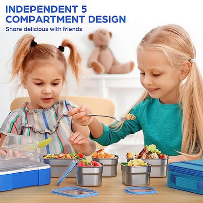 Bento Box Stainless Steel Lunch Box Set with for Lunch Bag Kids Adult 5-Compartment Leakproof Insulated Lunch Containers with Utensils for School Works, Metal Lunchbox Tray BPA-Free (Blue)