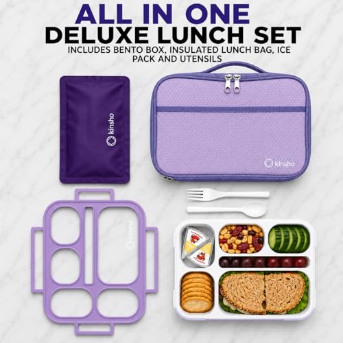 kinsho Lunch Boxes for Kids Girls Teens - Bento Box Set with Insulated Bag and Ice Pack, 6 Compartment Leak Proof Food Container, BPA-Free, Microwave Safe, Ideal for School & Work, Purple - color: Purple