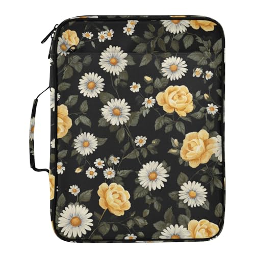 ALAZA Daisies Floral Yellow Roses Zipper Binder with Handle, 7-Pocket Expanding File Folder, Detachable 3-Ring Binder, File Organizer for Home Office Work A4 Letter Size Paper Document