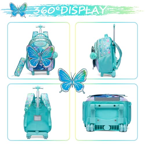 Girls Kids Rolling Backpack with Wheels Trolley School Bag Waterproof Travel Luggage for Kids Girls and Students lunch bag Lightweight and Multi functional 5-10 Years Old - color: Butterfly Blue