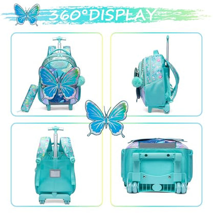 Girls Kids Rolling Backpack with Wheels Trolley School Bag Waterproof Travel Luggage for Kids Girls and Students lunch bag Lightweight and Multi functional 5-10 Years Old - color: Butterfly Blue