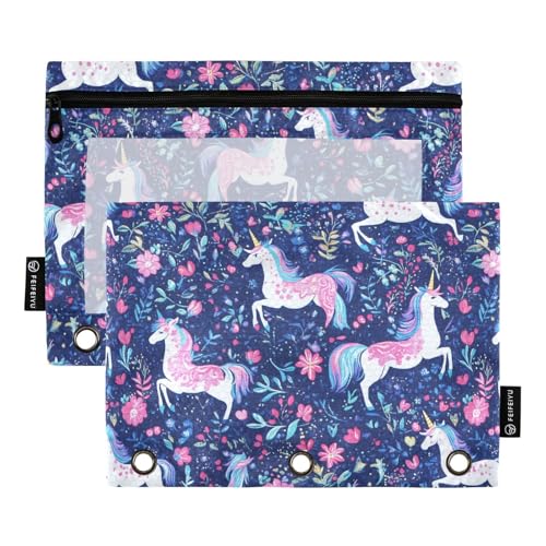 Fustylead Beautiful Unicorn and Flower Binder Pencil Pouch for 3 Ring, Pencil Pouches Bags with Zipper Clear Window for School Office Cosmetic Students Supplies, 2 Pack - color: Blue06