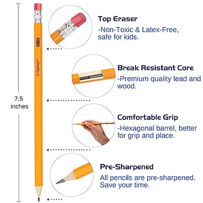 V-Opitos Wood-Cased #2 HB Pencils, 50 Pack Bulk Yellow Pencils with Erasers, Pre-Sharpened, School Classroom Teacher Supplies for Writing, Drawing and Sketching - color: Yellow