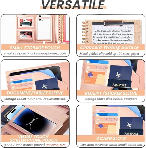 Foldable Spiral Clipboard Folio with Storage Zipper Pouch, 5 Plastic Folders with Pockets,Refillable Lined Notepad (8.5" x 11"), Hardcover Project Organizer with 36 Stickers - color: 2-rose Golden