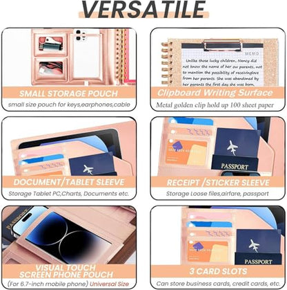Foldable Spiral Clipboard Folio with Storage Zipper Pouch, 5 Plastic Folders with Pockets,Refillable Lined Notepad (8.5" x 11"), Hardcover Project Organizer with 36 Stickers - color: 2-rose Golden