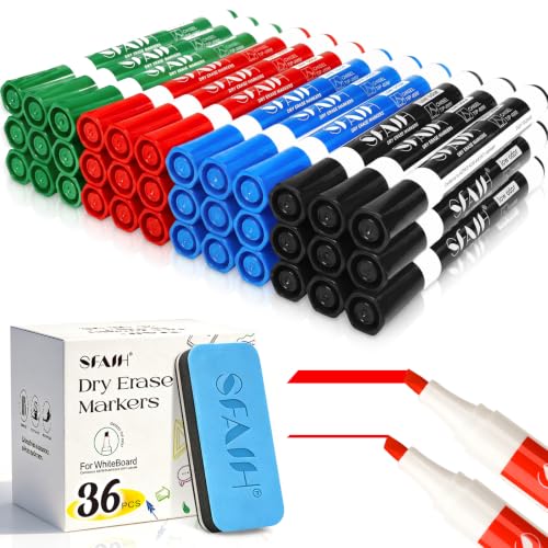 SFAIH Dry Erase Markers Chisel Tip with Magnetic Whiteboard Eraser, 36 Bulk 4 Colors White Board Markers for Teachers, Versatile Lines, 1s Quickly Dry, Essential Supplies for Office Teacher - color: 4 Colors
