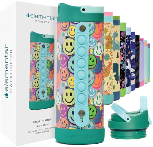 Elemental Iconic Kids Water Bottle for School - 100% Leak-Proof Insulated Water Bottles with Straw Lid & Pop-It Handle for Boys & Girls - Triple-Wall Insulated & BPA-Free, 14oz – Graffiti Smile - color: Graffiti Smile, size: 14 Ounces