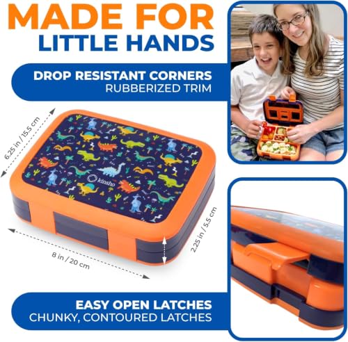 kinsho Bento Lunch Boxes for Boys Toddlers, 5 Portion Sections Secure Lid, Snack Container, Microwave Safe BPA Free Removable Plastic Tray, Pre-School Kid Daycare Lunches, 2 Pack Dinosaur + Rocket - color: Blue Orange & Red