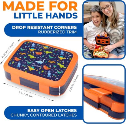 kinsho Bento Lunch Boxes for Boys Toddlers, 5 Portion Sections Secure Lid, Snack Container, Microwave Safe BPA Free Removable Plastic Tray, Pre-School Kid Daycare Lunches, 2 Pack Dinosaur + Rocket - color: Blue Orange & Red