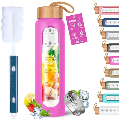 Aqulea Glass Water Bottles 32 Oz with Silicone Sleeve - BPA Free Reusable Wide Mouth Glass Motivational Water Bottles with Fruit Infuser – Leak Proof Borosilicate Water Bottle with Time Marker (Rose) - color: Rose, size: 32 Ounces