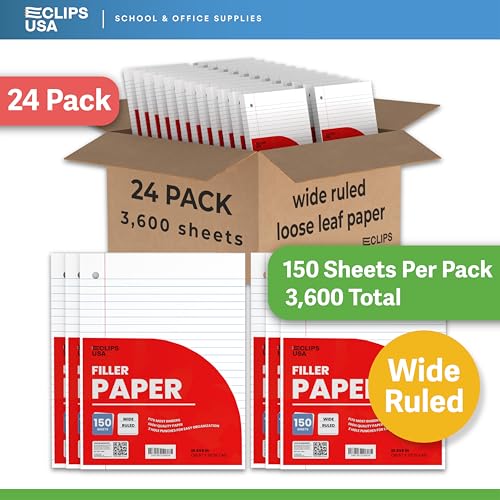 Wide Ruled Loose Leaf Paper Wide Ruled Notebook Paper Lined Writing Filler Paper 10.5” x 8” 56 gsm 3600 Sheets 150 Sheet Per Pack (24 Pack) - size: 24 Pack