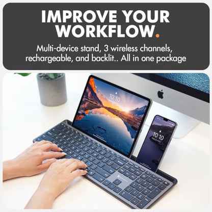 X9 Wireless Keyboard with Phone Holder - Full Size Bluetooth Keyboard with Number Pad, Backlit Wireless Keyboard, Multi-Device for iPad, Tablet, PC, Mac, iPhone, Android - Gray - color: Gray