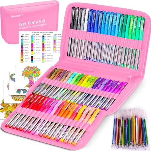 Soucolor 120 Gel Pens Set, Metallic Glitter Pastel,Refills,Drawing Kit Gift | 60 Gel Pens :Metallic,Glitter, Pastel, Neon, Rainbow & 60 Refills, Coloring Sheets — Zipper Case, Non-Toxic, Kids Adults - color: Pink