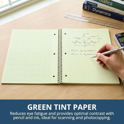 Roaring Spring Graph Ruled Spiral Engineering Notebook, Engineering Graph Paper, 5x5 Enclosed Grid, 8.5" x 11", 80 Perforated Sheets, 3 Hole Punched, Green Tinted Sheets, Made in USA - color: Green Paper, style: Pack of 1