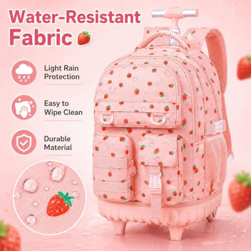 CCJPX Rolling Backpack for Girls, 3Pcs Roller Wheeled School Bookbag, Strawberryra Wheels Backpacks with Lunch Box for Kids (Pink) - color: Strawberry Pink