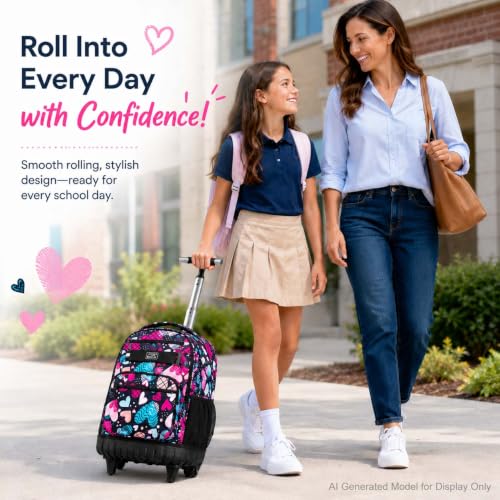 gxtvo Rolling Backpack for Girls, Adults Wheeled Bookbag with Lunch Box for Women, Kids Water Resistant Roller School Bag for College Teens Travel - Love Heart - color: Love Heart