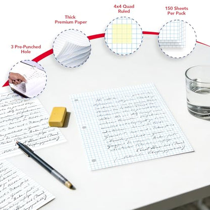 Kaisa Graph Paper Filler Paper USA-Made Bulk Wholesale Available 3 Pack 4x4 Quad Rule 3-Hole Punched Loose Leaf Paper 8x10.5 Filler Paper for 3-Ring Binder, 150 Sheets/Pack - color: Graph, size: 3pack