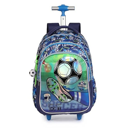 Cartoon Rolling Backpack for Boys Girls, Kids 5 Pcs Wheeled Backpack, Travel Backpack for Elementary Students (Football Blue) - color: Football Blue