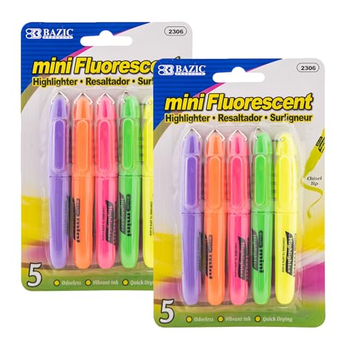 BAZIC PRODUCTS Mini Highlighters, Fluorescent, Chisel Tip, 5 Ct, 2-Pack | Quick-dry, assorted fluorescent mini highlighters, compact, cap clip, non-toxic, ASTM D-4236, odorless - color: Asst Colors, size: 2-Pack
