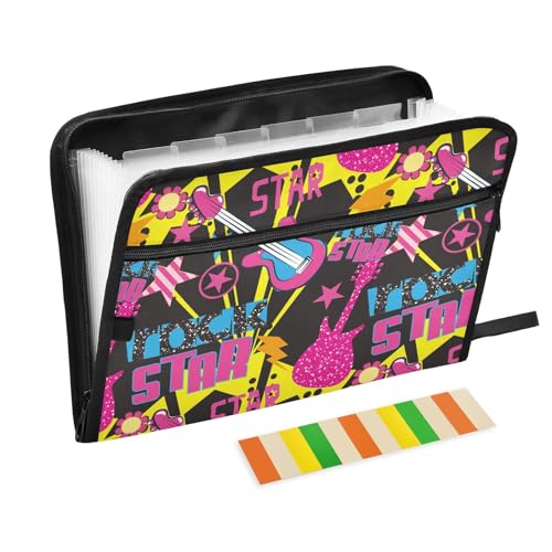 Rock Star Guitar File Folders,Plastic Folders with 13 Pockets,Expandable File Folder for Documents School Students Office,Aesthetic Folder with Labels A4 Letter Size - color: Multicolor 1