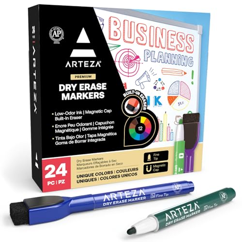 ARTEZA Fine Tip Dry Erase Markers with Erasers – 24-Pack Magnetic Whiteboard Pens, 12 Assorted Colors, Low-Odor Ink for Classroom, Office & Home - size: 1 Count (Pack of 24)