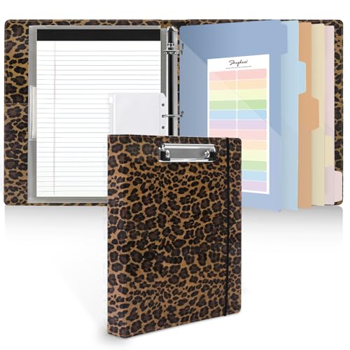 SKYDUE 1 Inch 3-Ring Binder with Clipboard, PU Aesthetic Binder with 5 Dividers, Notepad, Stickers & Pockets for Work and School (Letter Size) - color: Leopard Brown