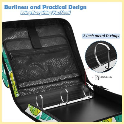 Monstera Leaves Zipper Binder with 2 Inch D-Rings Expandable File Portfolio with Shoulder Strap, Waterproof Nylon Organizer for 14" Laptop for Work College Travel