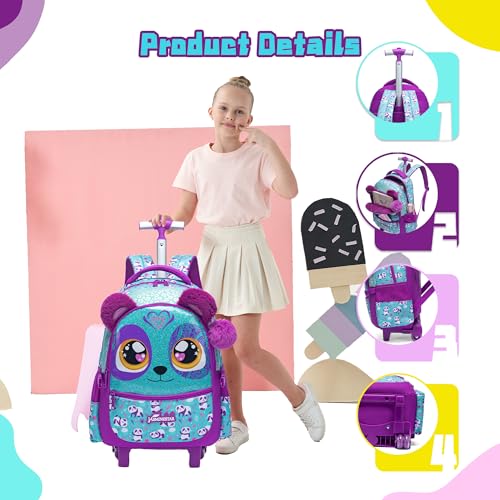 Cute Rolling Backpack for Girls Backpacks with Wheels for Elementary Students Kids 3 in 1 Travel Luggage Carry on Suitcase with Lunch Box for Girls Age 8-10 - color: Blue Purple