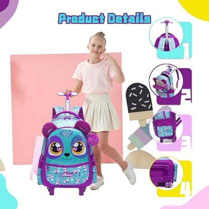 Cute Rolling Backpack for Girls Backpacks with Wheels for Elementary Students Kids 3 in 1 Travel Luggage Carry on Suitcase with Lunch Box for Girls Age 8-10 - color: Blue Purple