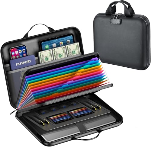 Fireproof Document Box with Lock, Waterproof Hard-Shell File Organizer with 13-Pocket Accordion Folder & Multi-Compartments for Laptop, Documents, Passports & Valuables