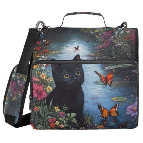 3 Ring Binder Zipper Binders Black Cat by The Lake Expanding File Folder Bag with Shoulder Strap - color: Black