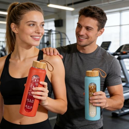 Sursip 32 oz Glass Water Bottle, Time Marker with Silicone Sleeve & Lid | 1 Liter BPA-Free Motivational Bottle, Leak-Proof Dishwasher Safe - color: Copper