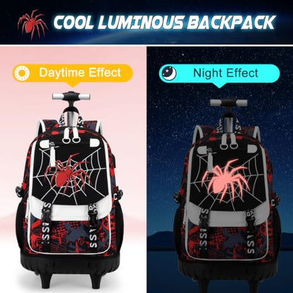 Bevalsa Rolling Backpack for Boys, Roller Backpack with Wheels, Wheeled School Bag with Sling Bag, Lunch Box & Pen Case for Kids Children Teens Elementary Middle Student Glow In The Dark - color: Spider