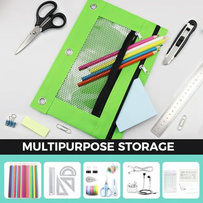 3 Ring Pencil Pouch for Binder, 2-Pocket Zipper Pencil Case with Clear Window & Mesh Pocket, 600D Oxford Fabric Binder Pouch for School Office Supplies, Fits Standard 3-Ring Binders, Green - color: Green
