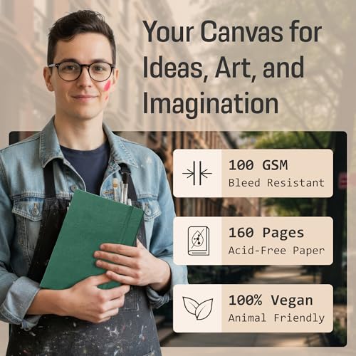 BROWNSTONE JOURNALS A5 Sketch Book Hardcover - 80 Sheets 100 GSM Paper 5"x8", Lay Flat, Vegan Leather Cover, Elastic Band, Back Pocket, Art Drawing Book (Dartmouth Green) - color: Dartmouth Green, size: A5 (5" x 8")