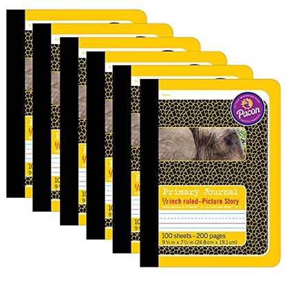Pacon® Primary Composition Book, Book Bound, D'Nealian/Zaner-Bloser, 1/2" x 1/4" x 1/4" Picture Story Ruled, 9-3/4" x 7-1/2", 100 Sheets, Pack of 6