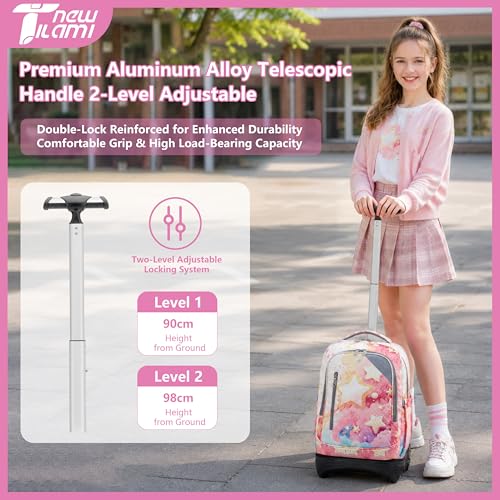 NEW TILAMI Girls 18 inch Rolling Backpack - Large Capacity, Waterproof, Adjustable Handle, Stylish Design, Ideal for School & Travel, Starshine - color: Starshine