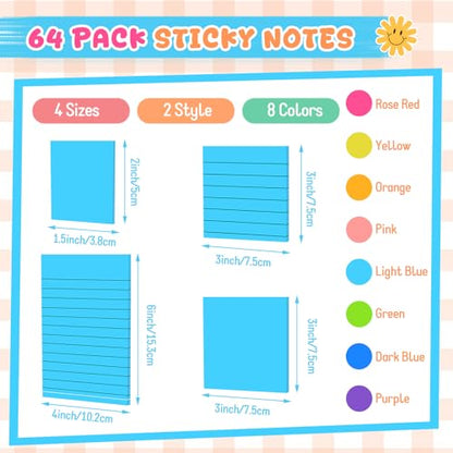 Leinuosen Sticky Notes Multi Size, 64 Pads, 40 Sheets/pad, Neon Self Stick Notes for Back to School Office Home Supplies
