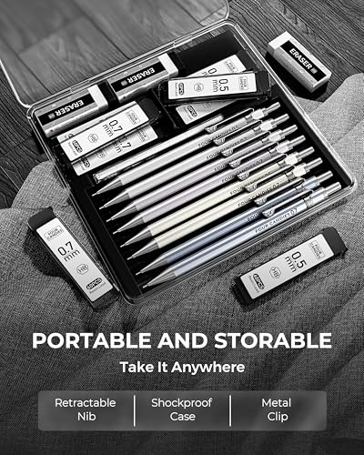 8PCS Metal Mechanical Pencil Set, 0.5mm & 0.7mm, Pack with Storage Case | 480 Leads, 3 Erasers+9 Refills, for School Writing, Sketching, Art Drawing & Professional Drafting - style: 8PCS 0.5 +0.7 mm