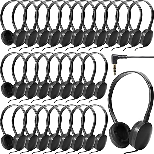 Flutesan 30 Pack Wired Headphones, Adjustable On Ear Headphones with Stereo, Earbuds for Schools, Laptop, Travel, Plane, Tablet(Black) - color: Black