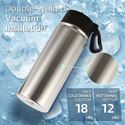 Volhoply 18oz Insulated Water Bottle Bulk 2 Pack,Kids Stainless Steel Water Bottles with Straw,Double Wall Vacuum Metal Water Bottle,Reusable Sports Water Flask For Cold Drink(Silver,2 Set) - color: Silver