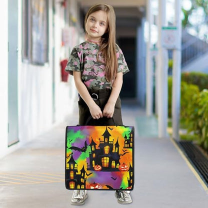 3 Ring Zipper Binder Spooky Haunted House Binder Organizer Portfolio with File and Shoulder Strap & Handle Large Capacity File Folder - color: Haunted House