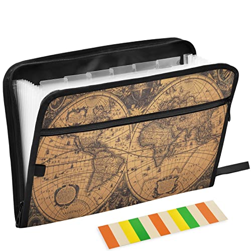 Vintage World Map 13 Pockets Expanding File Folder with Sticky Labels Accordion File Folder Document Organizer Letter Size A4 Papers Expandable File Keeper - color: Multicolor 2