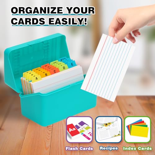 H4D 3x5 Index Card Holder with 100 Index Cards and 25 Dividers, Teal | 3x5 Inch Plastic Box, Heavyweight 3x5 Index Cards, Plastic 3x5 Index Card Dividers, Snap Closure Lid - color: Teal, size: 3"x5"