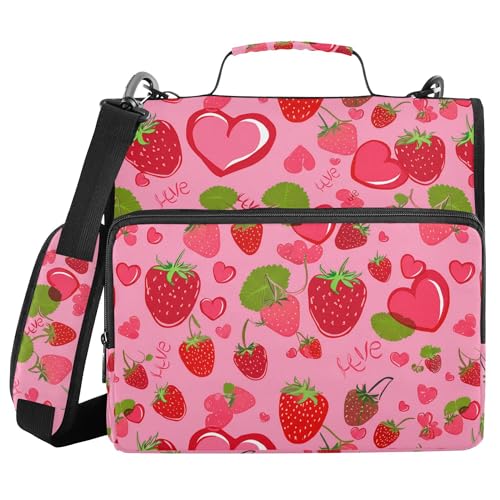 Cute Strawberry Zipper Binder 3 Ring with Shoulder Strap, Multiple Pockets Expanding File Folder Binder Bag Organizer