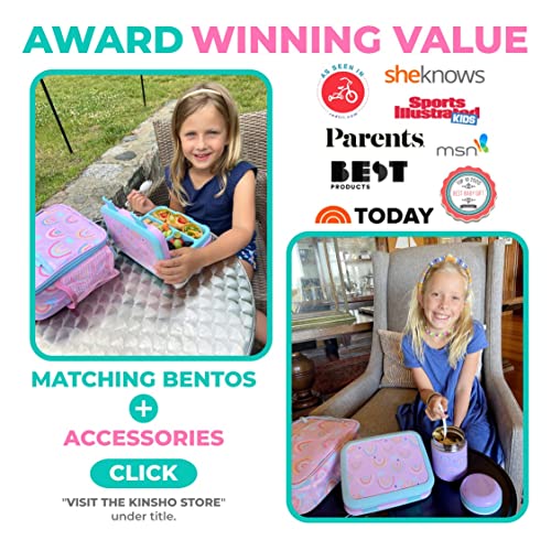 kinsho Kids Bento Lunch Box Set with Thermo, Bag & Ice Pack Purple Rainbow | 4 Compartment Container, Stainless Steel Food Jar for Hot Soup, Snacks, Daycare or School Lunches for Toddlers & Small Girls - color: Rainbow Set