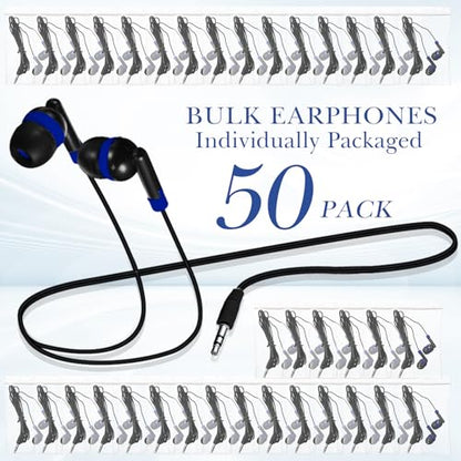 Kanayu 50 Pack Wired Earbuds Bulk for Classroom Ear Headphones Wired Basic Student Earbuds No Microphone with 3.5mm Jack for Class Laptop School Library, Individually Bagged (Dark Blue) - color: Dark Blue