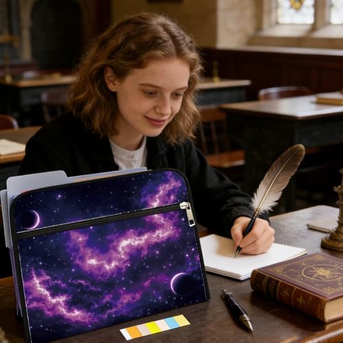 WEBEEDY Expanding File Folder with 13 Pockets, Labels and Zipper, Starry Night Sky Print Portable Paperwork Folder Accordion File Organizer for A4 Paper Document Receipt Travel Office, Back to School