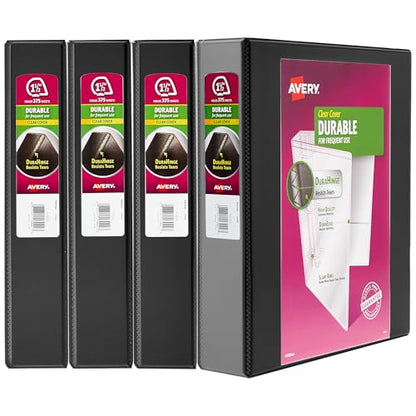 Avery Durable View 3 Ring Binder, 1-1/2 Inch Slant Rings, 4 Black Binders (05738) - size: 1.5"