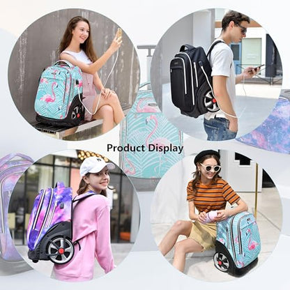 NEW TILAMI 19 inch Rolling Backpack Teens Rolling Backpack Cute Wheeled Laptop Backpack Bookbag Roller Travel Bag College, Navy Blue - color: Navy Blue